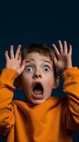 A young boy expresses surprise with wide eyes and an open mouth, raising his hands in an exaggerated manner against a dark background photo