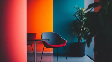 Brightly colored walls accent a modern workspace with stylish chairs and a potted plant in an office setting during the day photo