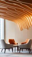 Modern lounge area with unique wooden ceiling design and stylish armchairs for relaxation photo