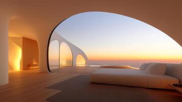 Modern minimalistic bedroom with floor-to-ceiling windows showcasing a sunset view over the ocean at twilight photo