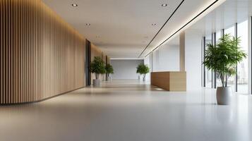 Modern minimalist office lobby with wooden accents and decorative plants during the day photo