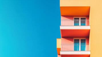 Colorful balconies of a modern building against a clear blue sky in a vibrant urban setting during daylight hours photo