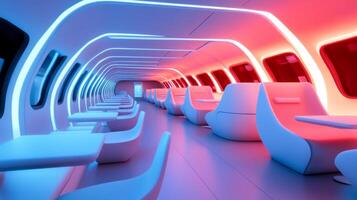 Futuristic interior of a train with vibrant lighting and sleek seating design, showcasing modern transportation innovation photo