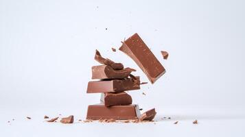 Chocolate bars stacked and splintered in mid-air against a white background photo