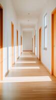 Brightly lit corridor showcasing multiple wooden doors in a modern building during daylight hours photo
