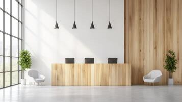 Modern reception area with wooden walls and large windows in a contemporary building during daylight photo