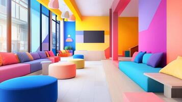 Brightly colored lounge with modern seating in a vibrant, playful interior during daylight hours photo