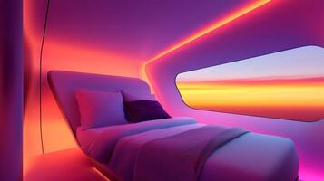 Modern bedroom design with glowing lights and panoramic window showcasing a vibrant sunset in a futuristic setting photo