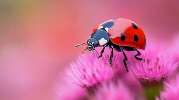 A close-up view of a ladybug perched on vibrant pink flowers during a sunny day in a garden photo