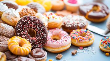 A delightful assortment of colorful donuts with sprinkles arranged on a table, perfect for celebrations or a sweet treat any time of day photo