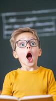 Young boy wearing glasses expresses surprise in classroom setting during an engaging learning activity photo