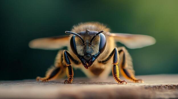 A close-up view of a bee on a wooden surface capturing the intricate details of its body in natural light photo