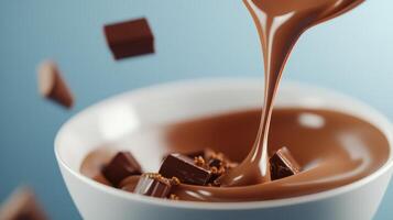 Melted chocolate is poured over chunks in a white bowl against a light blue background, creating a rich and inviting treat photo