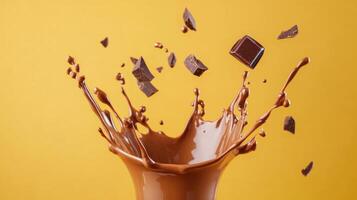 Rich chocolate splash with chunks on vibrant yellow background creating a dynamic food scene photo