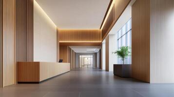 Modern reception area featuring warm wooden accents and natural lighting in a contemporary office building photo