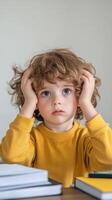 A young child with curly hair displays a concerned expression while sitting at a table during a quiet indoor afternoon photo