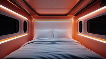 Modern sleeping pod with soft lighting and minimalistic design in a cozy space for restful nights photo