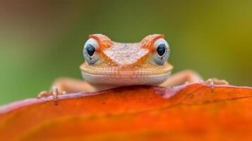 A close-up of a vibrant frog perched on a colorful leaf against a blurred natural background in a tropical setting photo