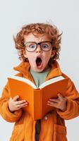 A surprised child in a cozy orange jacket reading an orange book with wide eyes and an open mouth, expressing astonishment indoors photo