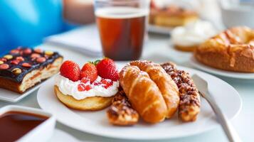 Delicious breakfast spread with pastries, fresh fruits, and coffee at a cozy cafe in the morning photo