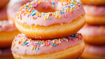 Colorful frosted donuts piled high with sprinkles at a bakery display, showcasing vibrant desserts ready for enjoyment photo