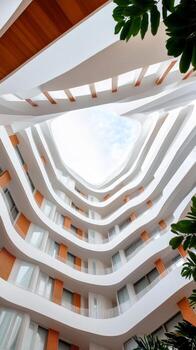 Modern architectural design of a unique building featuring curved lines and open skylight in a vibrant urban location photo