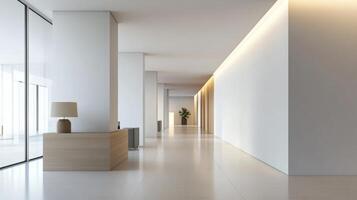 Modern interior hallway with sleek design and warm lighting in an office building during daylight photo