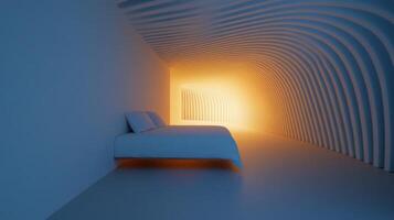 A modern bedroom with unique wave-like walls illuminated by warm light in a minimalist design photo