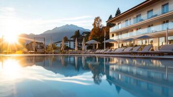 Serene mountain view at dawn reflecting in a tranquil swimming pool with lounge chairs in a luxury resort photo