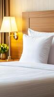 Cozy bed setup with white pillows and soft lighting in a warmly decorated hotel room during the evening photo