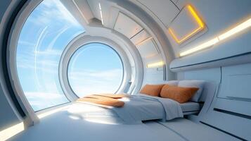 Futuristic bedroom featuring circular windows with a panoramic view of the sky during daytime in a minimalist design photo
