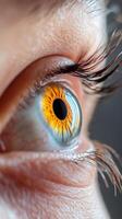Close-up of a vibrant human eye showing intricate patterns and colors in natural light photo