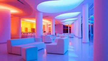 Stylish modern lounge with vibrant lighting in an upscale venue during evening hours photo
