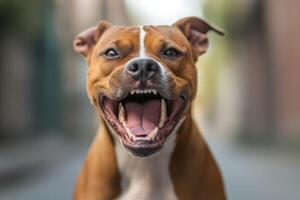 Happy dog shows anger expression while standing on a city street during daylight photo
