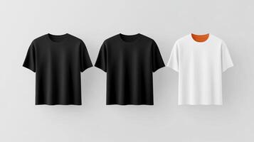 Plain cotton t-shirts displayed on a neutral background showcasing black, white colors for casual wear or design mockups photo