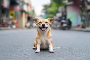 A cheerful corgi sits happily on a quiet street in an urban neighborhood during the afternoon photo