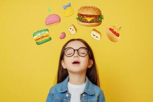 A young girl dreams happily about her favorite foods against a bright yellow background in a playful atmosphere photo