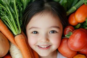 A smiling child surrounded by a vibrant assortment of fresh vegetables in a garden setting during daylight photo