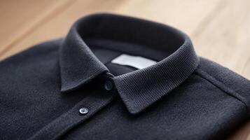 A neatly folded dark polo shirt sits on a wooden table, highlighting its soft fabric and button details, perfect for casual or smart-casual occasions photo