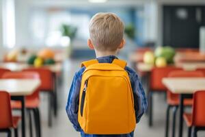 A child stands in a bright cafeteria with a yellow backpack looking at empty tables surrounded by colorful fresh fruits and vegetables photo