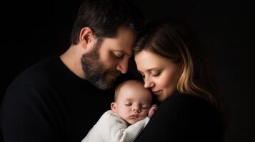 A tender moment shared between parents and their newborn baby in a dimly lit setting, creating an intimate and warm family portrait photo