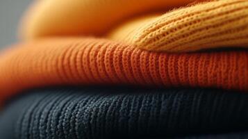 A cozy arrangement of knitted sweaters in warm fall colors stacked neatly on a soft surface photo