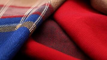 Colorful textiles in close-up showcasing fabric textures and patterns in warm lighting at a fabric store photo