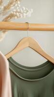 Casual clothing hangers showcasing a soft green top in a minimalist interior with neutral colors and natural decor during daylight photo