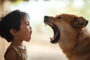 A young child and a dog share a spirited moment of shouting outdoors in a rural setting during daylight hours photo