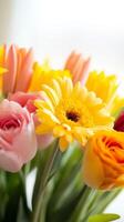 A vibrant bouquet of colorful flowers including tulips, roses, and gerberas arranged for a cheerful spring display indoors photo