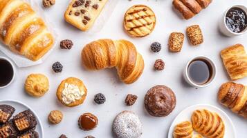 A delightful arrangement of assorted pastries and coffee cups on a table, perfect for a morning treat or afternoon snack photo