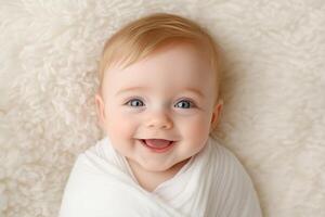 A joyful baby with blue eyes wrapped in white fabric smiling on a soft blanket indoors during daylight photo