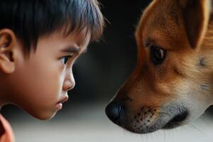 A child and a dog share a moment of connection while playfully staring at each other photo
