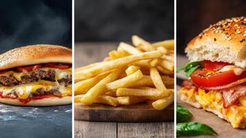 A delicious spread of burgers with melted cheese, crispy fries, and a fresh sandwich displayed on wooden surfaces in a cozy setting photo